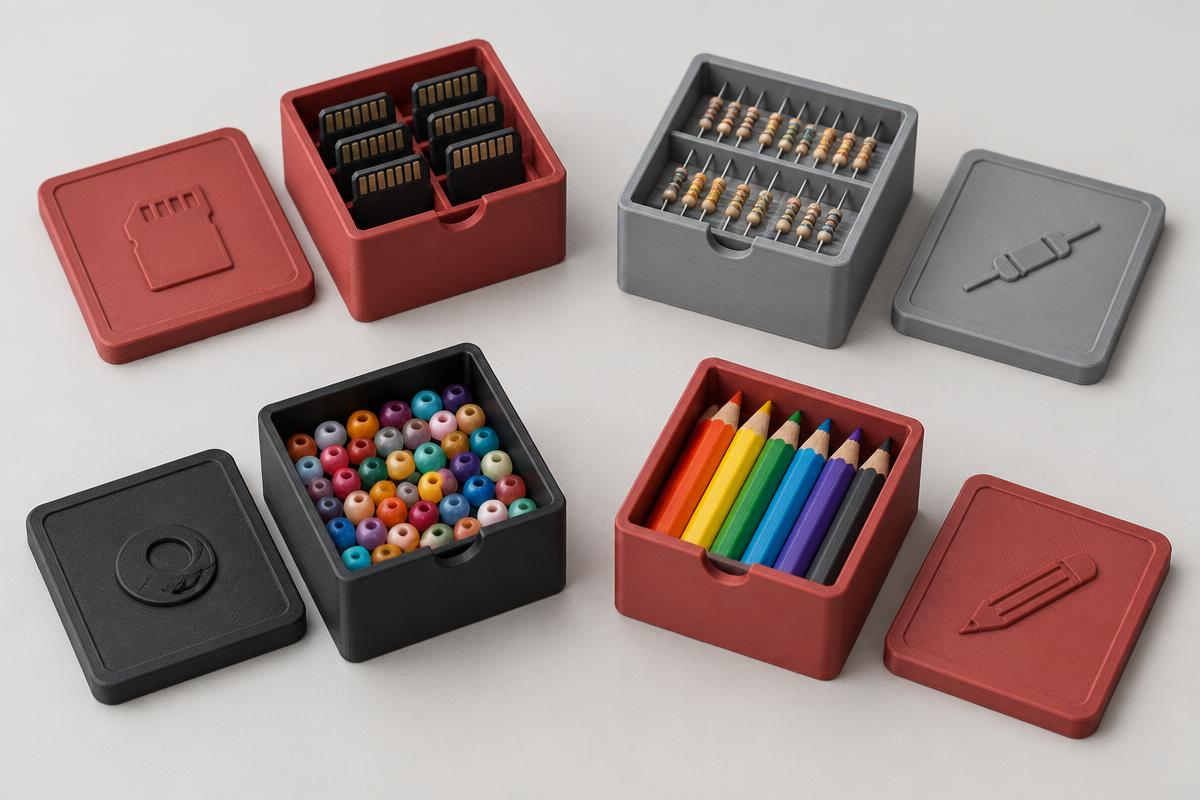 Coordinated 3D-printed boxes organizing craft and electronic supplies