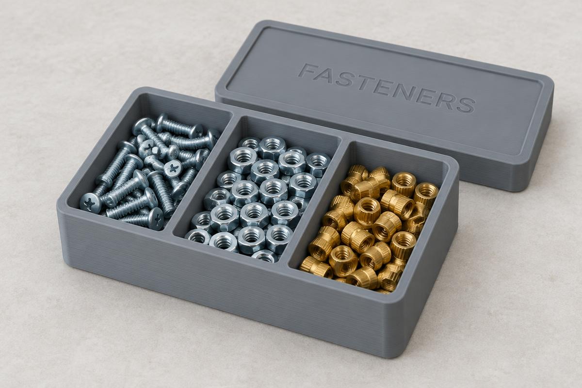 Gray 3D-printed organizer holding screws, nuts, and brass inserts