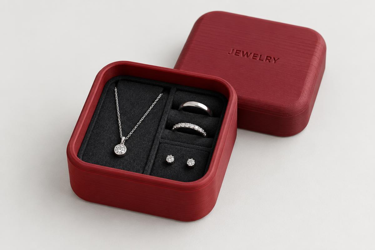 Rounded red 3D-printed jewelry box with rings and a necklace