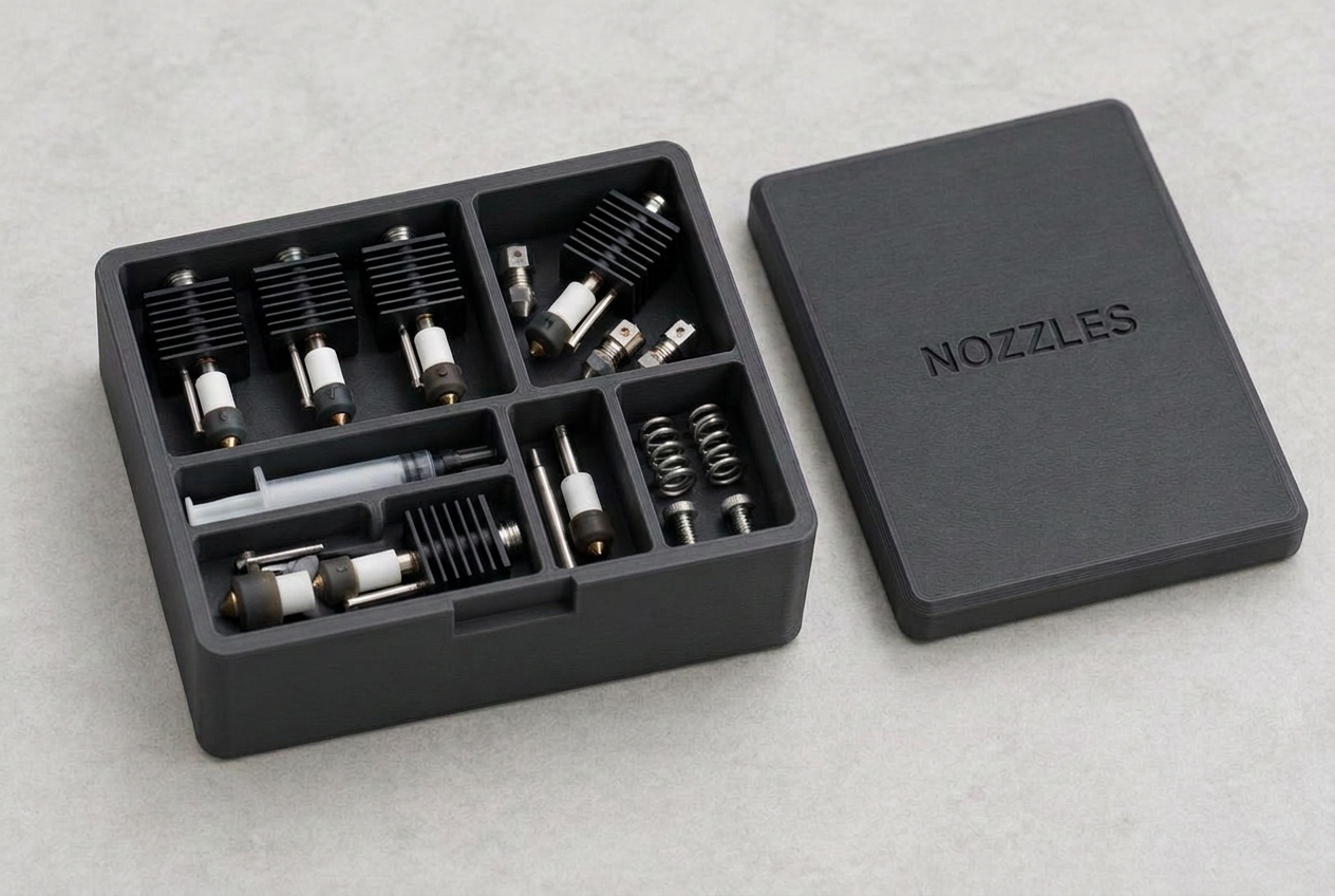 Charcoal 3D-printed box holding printer nozzles and hotend parts